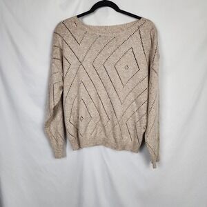 Womens Long Sleeve Open Knit Diamond Pattern Sweater Oatmeal Size L Soft Stretch
